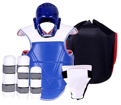 JISADER 5 Pezzi equipaggiamento Protettivo per Taekwondo Karate Sparring Gear Set Professionale Imbottito Regolabile Protezione Completa per Sanda Kickboxing, S