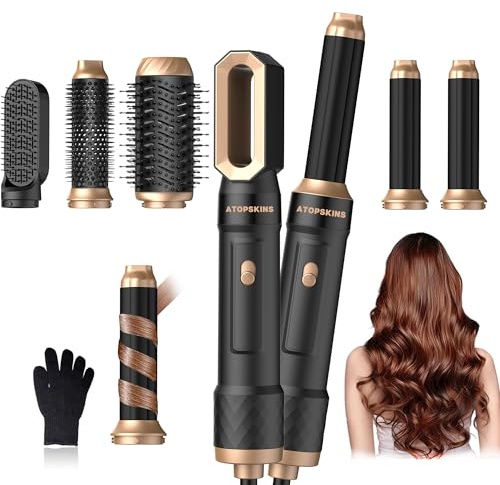 Haartrockner Airbrush Atopskins 6 in 1 Air Styler set, Hair Styler Warmluftbürste Set für Alle Haartypen, mit Auto Lockenstab,Föhn,Luftstrom Rundbürsten Föhnbürste, Glättbürste,Haarglätter Bürste