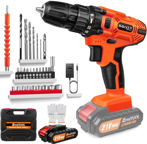 21V Cordless Drill Set, Power Drill Set 3/8” Keyless Chuck with 25+1 Torque Rating and 398 inch-lbs, 1 * 2000mAh and 2 Variable Speeds Electric Driver with LED, 29pcs Drills/Driver Bits for Home, DIY