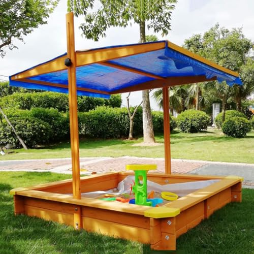 Wooden Sandbox with Adjustable Canopy and Anti aging Woven Backing for Kids Ages 4 8 Perfect for Boys and Girls