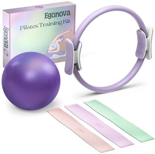 EgoNova Juego de Anillos de Pilates: círculo mágico de 14 Pulgadas con Asas Acolchadas Dobles, Mini Bola de Pilates y Bandas de Resistencia (15, 25, 35 Libras) para Fuerza, flexibilidad (Purple)