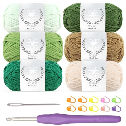 Chenille Yarn for Crochet - Soft Plush Velvet Yarn 6x50g with 5mm Hook,Thick Fluffy Wool for Crochet Blanket Making Chunky Wool -Ideal for Beginners (EarthyPalette)