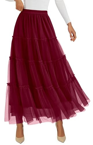 PRETTYGARDEN Tulle Skirts for Women 2026 Spring Fashion Elastic High Waisted Tiered Flowy Fairy A-Line Casual Maxi Long Skirt (Burgundy,Large)