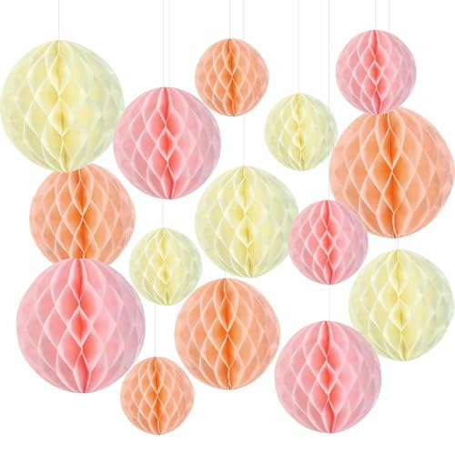 15 Stück Papier Wabenbälle, Beige Seidenpapier Honeycomb Balls Rosa Hängende Wabenbäll Party Dekoration für Geburtstag Hochzeit Graduierung Baby Shower 6/8/10inch (beige rosa)