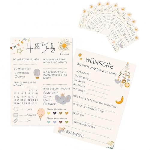 20 Ratespielkarten für Babypartys - Babyparty Spiele für Gender-Reveal-Party und Babyshower, Tippkarten für Baby Mädchen und Jungen