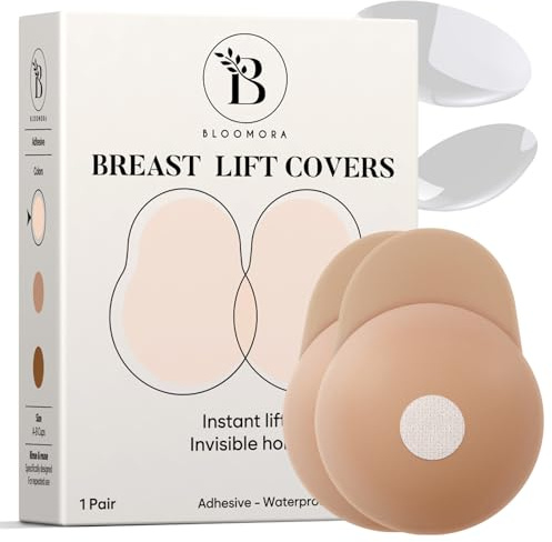 BLOOMORA Pezoneras Mujer con Efecto Push-Up – Cubrepezones Adhesivos de Silicona Reutilizables – Invisibles con Lengüeta de Elevación – Talla 1 (Copas A–B) – Crema