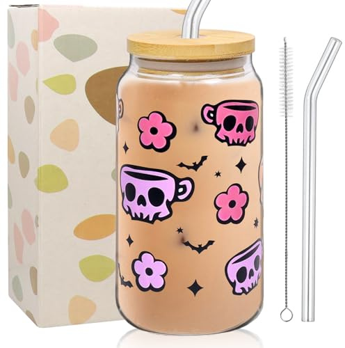 Halloween Trinkgläser mit Deckel und Strohhalm,500ml Glas Glasbecher mit Fledermäusen Totenköpfen Muster Cocktailgläser Eiskaffee Gläser Halloween Glasbecher Kaffeetasse Teegläser Milch, Kaffee, Saft