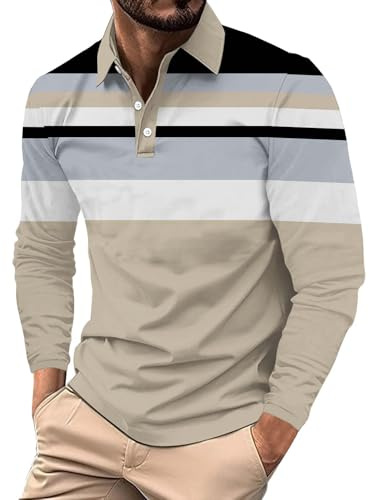 Polo de manga larga a rayas para hombre, camisa con botones, cuello y solapa, camisetas de golf, camisetas de bloque de color, blusa casual