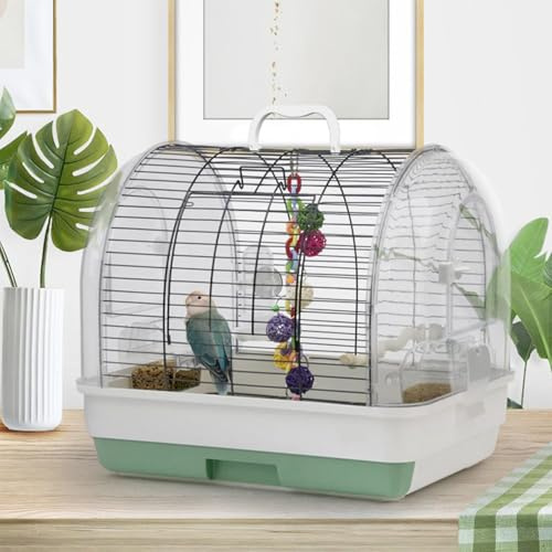 Tragbar Vogelkäfig Vogelvoliere, Vogelkäfig Reisevogelkäfig mit Handgriff, Metall + Kunststoff Voliere für den Innenbereich, Papageienkäfig mit Freisitz, 2 Futternäpfen & Reinigungsschale 42x32x37cm