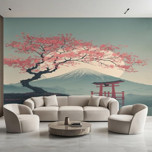 Generisch Tapete Japanische, Fototapete Kirschblüten Torii Berg, Vliestapete für Schlafzimmer Wohnzimmer, Wand Deko Tapeten, Wandverkleidung 300x210 cm D&O54