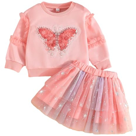 Kunyeah 2 Piezas Vestido tutú con Sudadera para niñas pequeñas Top con Mangas largas y Falda de Tul con Estampado de Mariposas