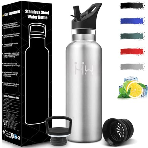 Mulbijeo Gourde Isotherme 500 ML, Réutilisable, Bouteille d'eau Sans BPA, Anti-Fuite, Gourde Inox avec Paille, Isolation sous Vide en Acier Inoxydable à Double Paroi, pour Camping, Écoles, Gymnases
