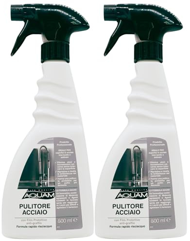 Aquam PULITORE ACCIAIO Spray, Con Film Protettivo Anti-Graffio. Ideale Per Superfici In Acciaio Inox Lucido e Satinato, Formula Rapido Risciacquo 500ml (2 Spray)