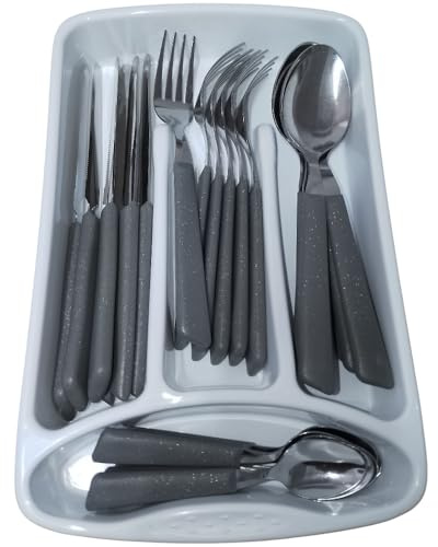 Servizio di Posate completo 24 Pezzi per tavola di 6 persone manico grigio pietra in Acciaio Inossidabile Lavabili in Lavastoviglie Made in Italy in omaggio il Porta Posate da Cassetto