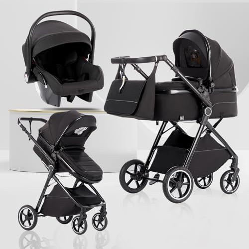 Lnhcrbs 3-in-1 Baby Stroller,Travel Stroller with Adjustable Handle,Black | Compact Stroller with Mosquito Net and Rain Cover,Lightweight Stroller with Frame Made of Aluminium,PU Wheels,for 0–3,ISOFIX