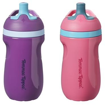 Tommee Tippee Insulated Sporty Spout Non-Spill Toddler Cup 12m+ | Pack of 2, 266ml, Pink & Purple, Easy-Hold Handles for Little Hands