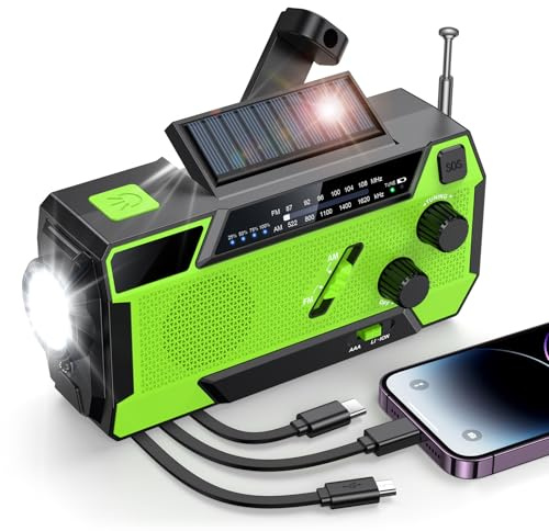 Kurbelradio, Radio mit Kurbel und Solar Notfall Ausrüstung mit 3 integrierten Kabeln, 4000mAh Notfallradio Emergency Power Bank mit LED Taschenlampe, AM/FM mit SOS Alarm für Survival, Ourdoor, Camping