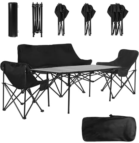 Canapé de Camping 2 Places, Set 4 Pièces avec Table et Fauteuils Pliables