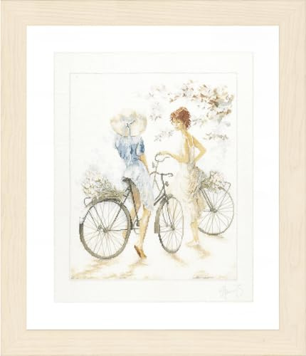 Lanarte Kreuzstich Stickpackungen Gezählter Kreuzstichbilder Set MÄDCHEN AUF DEM FAHRRAD Wanddekoration Handarbeit Set für Erwachsene ca. 39 x 49 cm DIY Deko Bastelset Handwerker Kreative Geschenkset