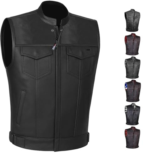 SOA Motorcycle Vest for Men, Premium Buffalo Leather, Back Armor, Inside Pockets, Biker Riding Club Vests Black M