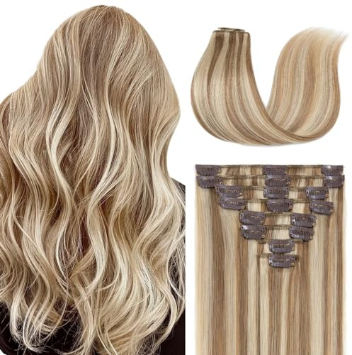 TESS Clip in Extensions Echthaar Haarteile Haarverlängerung Standard Weft Grad 7A Lang Glatt guenstig Remy Human Hair 8 Tressen 18 Clips 50cm-105g(#12/613 Hellbraun/Hell-Lichtblond)
