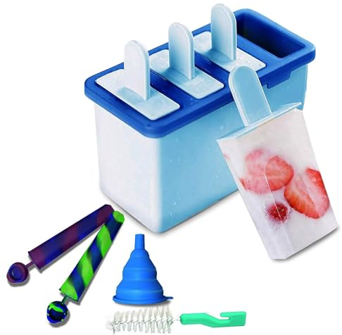 Freshelato - EIS am Stiel Eisformen/Wassereisformen Set + 2 x Silikon EIS Pop Form + Trichter + Bürste + Rezeptbuch (Ebook auf Deutsch) (Blau)