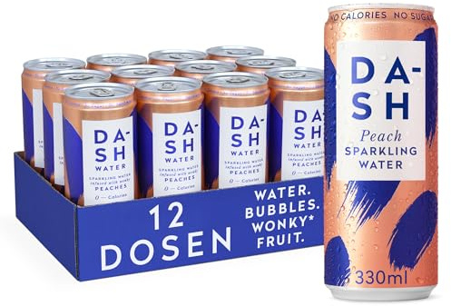 DASH WATER Peach - 12 x acqua frizzante al gusto pesca - SENZA zucchero, SENZA dolcificanti, SENZA calorie - arricchita con frutta fantasia (12 lattine da 330 ml).