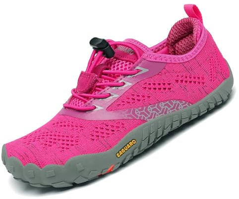 SAGUARO Zapatillas de Trail Niñas Calzado Descalzos Niños Zapatillas de Deporte Fitness Correr en Asfalto Transpirables Minimalistas Barefoot Zapatos Senderismo Antideslizantes Exterior Rosa 27 EU