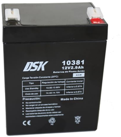 DSK 10381 - Sealed Rechargeable AGM Lead Battery with 12V and 2.9Ah. Ideal battery for home and industry alarms, electric toys for children, mobility devices, scooters, fences