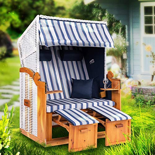 Strandkorb Hanse Strandkorb Ostsee XXL Volllieger Weiß Blau - 2-Sitzer 120cm breit, ideal für Garten, Terrasse und Balkon (Weiß Blau Grau Gestreift, Zerlegt)