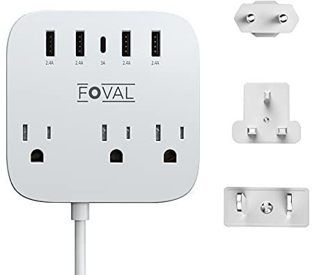 European Travel Plug Adapter, FOVAL EU UK US Power Strip with USB C and 4 USB Ports, 3 AC Outlets, Wall Mountable, 5ft Extension Cord, Compact for Travel, Cruise Ship, Home Office (White)