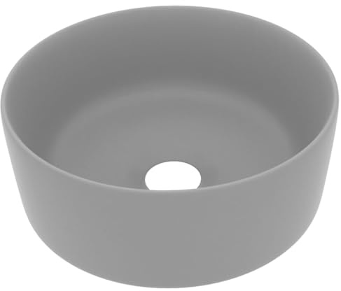 vidaXL Luxus Waschbecken mit Abflussloch Waschschale Waschtisch Aufsatzwaschbecken Waschplatz Handwaschbecken Rund Matt Hellgrau 40x15cm Keramik