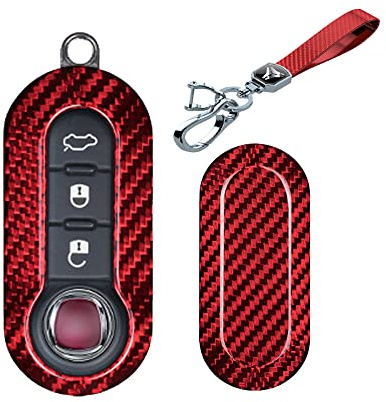 HIBEYO echt Carbon Voll Karbon Autoschlüssel Hülle Passt für FIAT KlappSchlüssel hülle Schutzhülle für FIAT Bravo Doblo Ducato 500 500C Scudo Schlüsselbox Fernbedienung-Carbonschlüsselring Rot