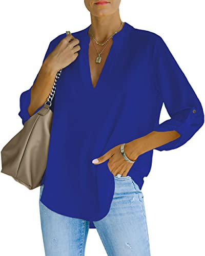 NONSAR Damblus, elegant, v-ringad, Henley, skjortblus, rullbara ärmar, lösa blusar, Kungsblå, XL