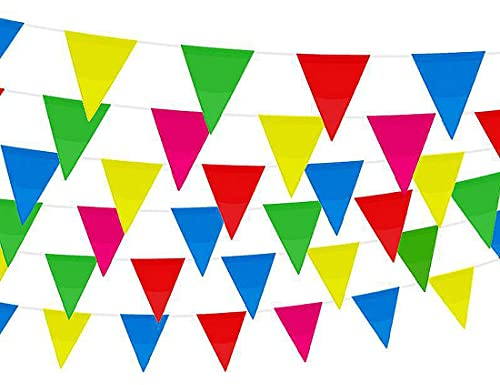 100 Stück（50m）dreieckige Flagge，Premium Wiederverwendbare Wimpelkette Outdoor Wetterfest - wasserdichte Stoff Girlande Outdoor Banner Deko Party