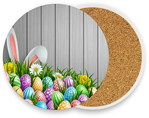 Easter Grass Eggs Drink Coaster with Cork Base, Round Moisture Absorbent Coasters Set Tabletop Protection Prevent Furniture Damage