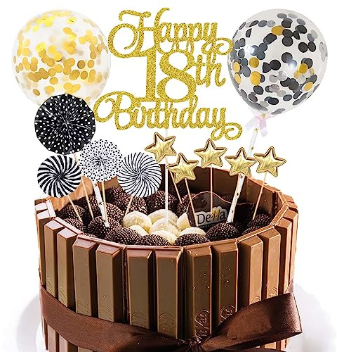 Jxuzh Happy 18th Birthday Cake Decoration Black Gold 18 Years Girls Boys Cake Decoration Heart Star for 18th Birthday