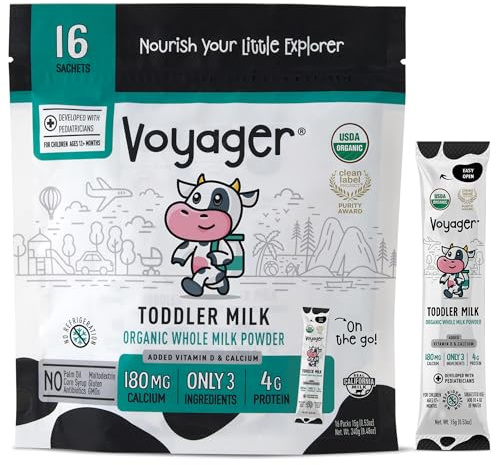 Voyager Toddler Milk On The Go, USDA Organic Shelf Stable Whole Milk Powder, Great for Travel, No Refrigeration, Gluten Free with No GMO's and No Antibiotics for Kids, 16 Sachets of 15g