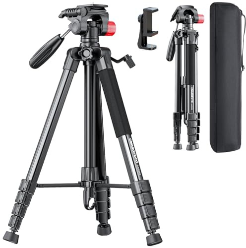 CAMBOFOTO 74-Camera-Tripod, Porfessional Aluminum Heavy Duty Tripod Stand for Mirrorless Camera/DSLR/Cell Phone/Camcorder, with Holder and Travel Bag