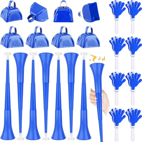 Jenaai 24 Pcs Cheer Team Gifts Bulk Collapsible Stadium Horn Hand Clappers Metal Cowbells Team Cheering Spirit Accessories Noisemakers 24 Vuvuzela Blow Horn for Sporting Events Football Party(Blue)