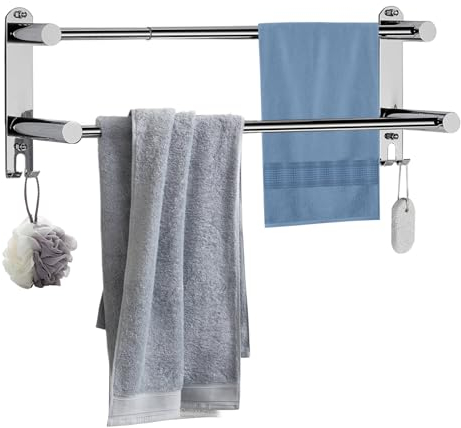 DMSELL Adjustable Self Adhesive Double Towel Rail, 41-75 cm Wall Mounted Towel Rail, Retractable No Drill Towel Rack for Bathroom