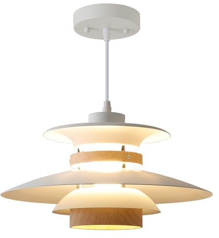 Kaj Hejmo Modern Decor Adjustable Pendant Lamp Kitchen Island, Aluminum and Wood Finish,1-Light E27 Base Ceiling Hanging Light for Dining Room Shop Canteen (40cm, White+Light Wood Grain)