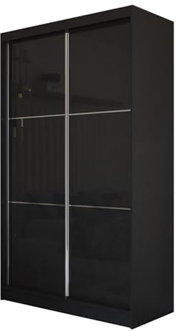 Mars Meble Viva Kleiderschrank mit Hochglanz Schiebetür Garderobenschrank Schrank mit Schiebetüren Kleiderstangen Garderobe ohne Spiegel, Farbe: Schwarz, Breite: 150 cm