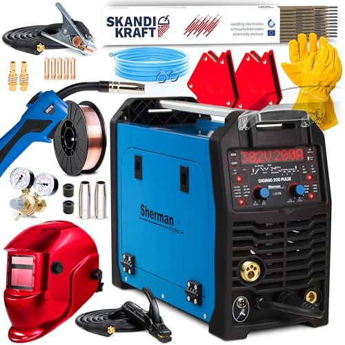 Sherman DIGIMIG 200 Pulse - 230 V 200 A Maquina de soldar de hilo sin gas y con gas 3 en 1 - Double Pulso, Sinergia - MIG MAG, MMA, TIG LIFT - Funciones: 2T/4T, Memoria de ajustes - Set Premium