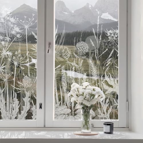 funlife Etched Glass Window Flim Privacy Frost on Clear Floral 58x120CM | Double-sided No Glues Static Cling Art Decor Decorative,Reusable Floral Window Clings for Kitchen Bathroom Office Bedroom