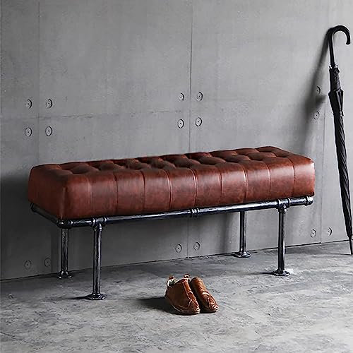 Moderne Multifunktions-Schlafzimmerbank, Esszimmerbank, Bequeme Schuhbank aus Leder, gepolsterte Ottoman-Sitzbank, industrielle Metallbank, Eingangsbank, Braun, 120 x 40 x 43 cm (4