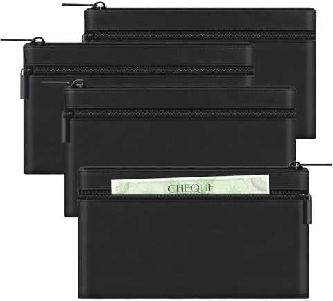 HAUTOCO 4 Stück Geldtaschen Banktasche, PU-Leder Geldtasche mit Reißverschluss für A5 Dokumententasche Geldscheintasche, Banktasche Geldmappe 28 x 15.5 cm für Geschäftlich Haushalt, Schwarz