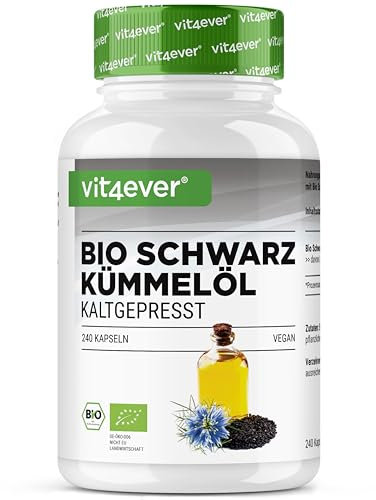 vit4ever Bio Schwarzkümmelöl - 240 vegane Kapseln - hochdosiert: 1000mg ägyptisches Schwarzkümmelöl pro Tagesdosis - davon 50% Linolsäure - kaltgepresst - 100% pflanzlich