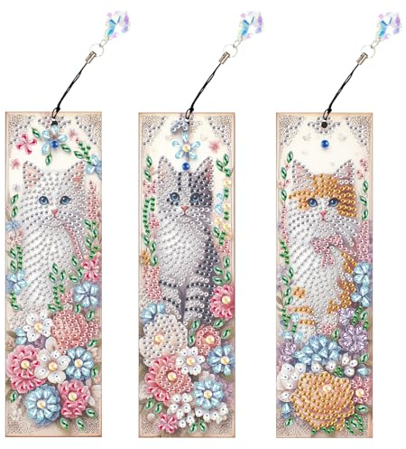 3 stycken diamantmålningbokmärken katt diamant konst målningsset katt blommor strass sidomarkörer sidor markering med strass böcker tillbehör hantverk för elever studenter