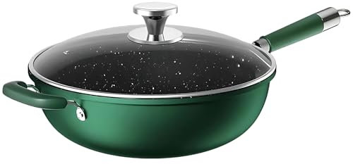 Wok e padelle da 34 cm, pre-stagionato, fondo piatto, con manico ergonomico, coperchio in vetro, tradizionale giapponese, per fornelli a gas in vetroceramica, piano cottura a induzione